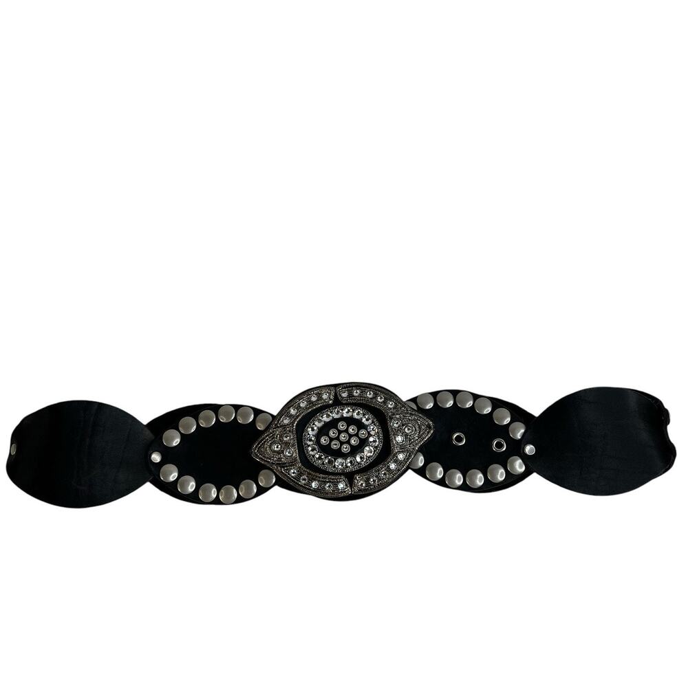 Leather Studded Belt Large 38 Bling Buckle Conch Style Black Silver Southwestern